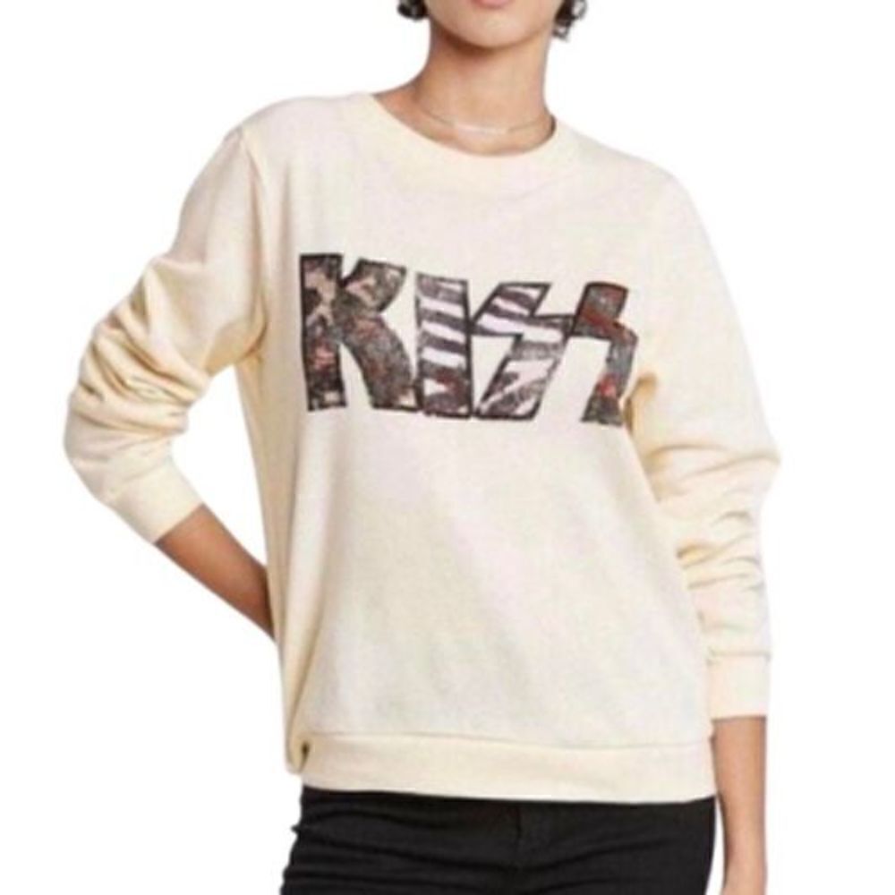 KISS Cream Animal Print Rock Logo Crew Neck Sweatshirt Size Medium